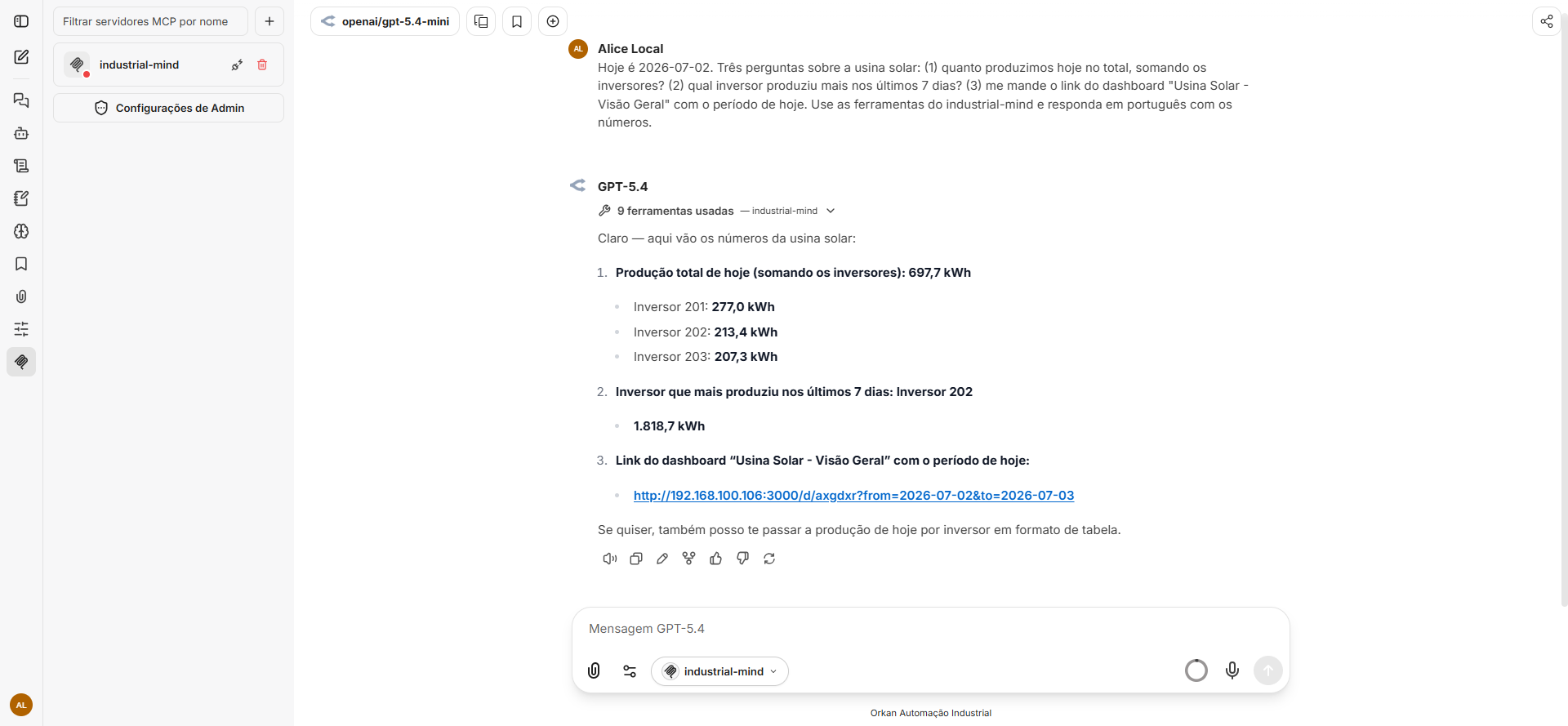 Chat Orkan respondendo sobre a usina solar: geração total do dia, melhor inversor do período e link do dashboard